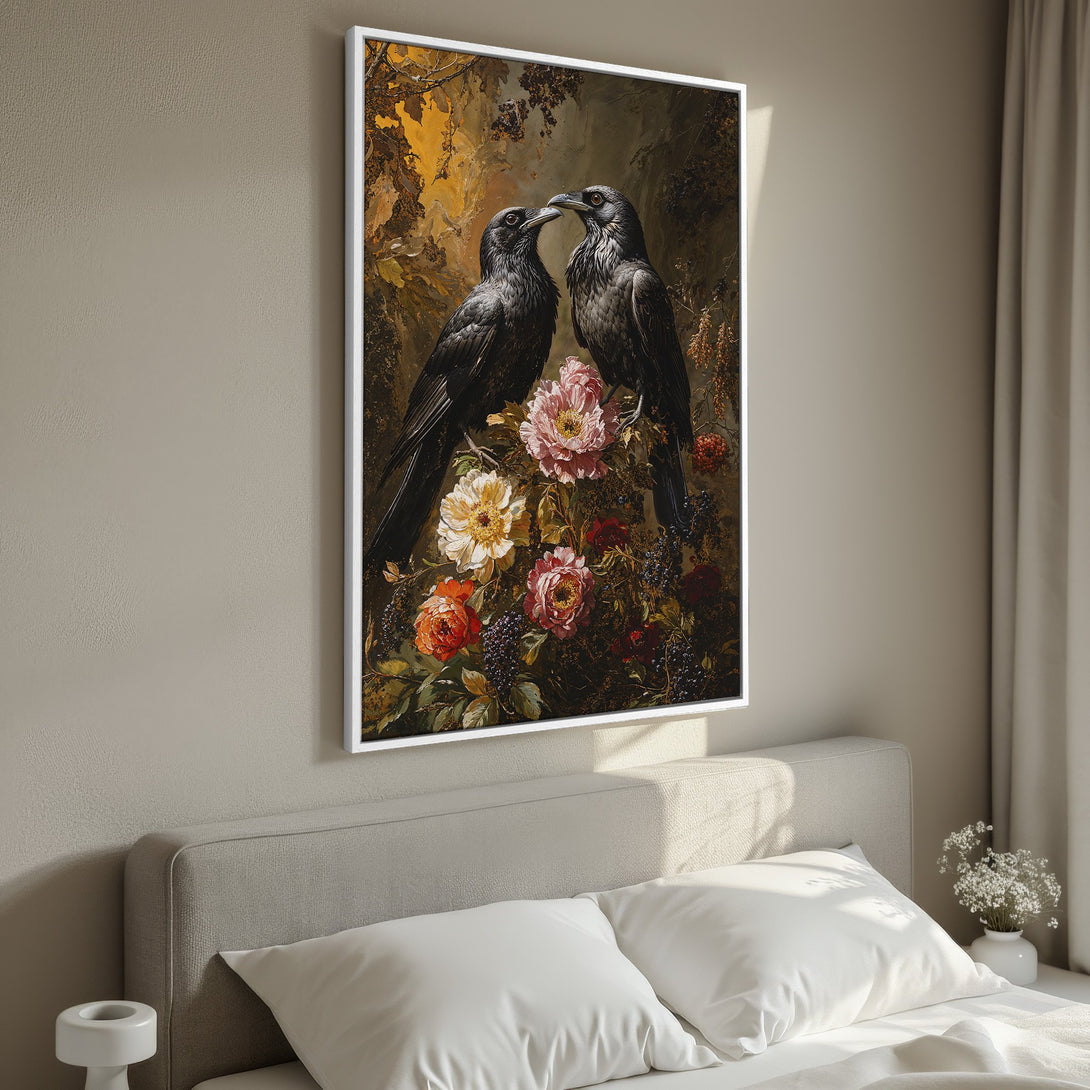 Framed Wall Art featuring two black ravens with flowers, in a romantic, vintage style. Rich, warm color palette for a cozy bedroom aesthetic.