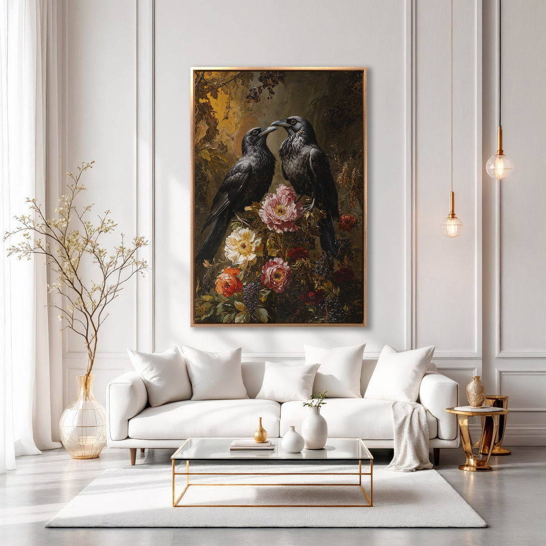 Framed Wall Art featuring black crows & flowers in a vintage style, warm color palette. Enhance your living room with this stunning canvas print.