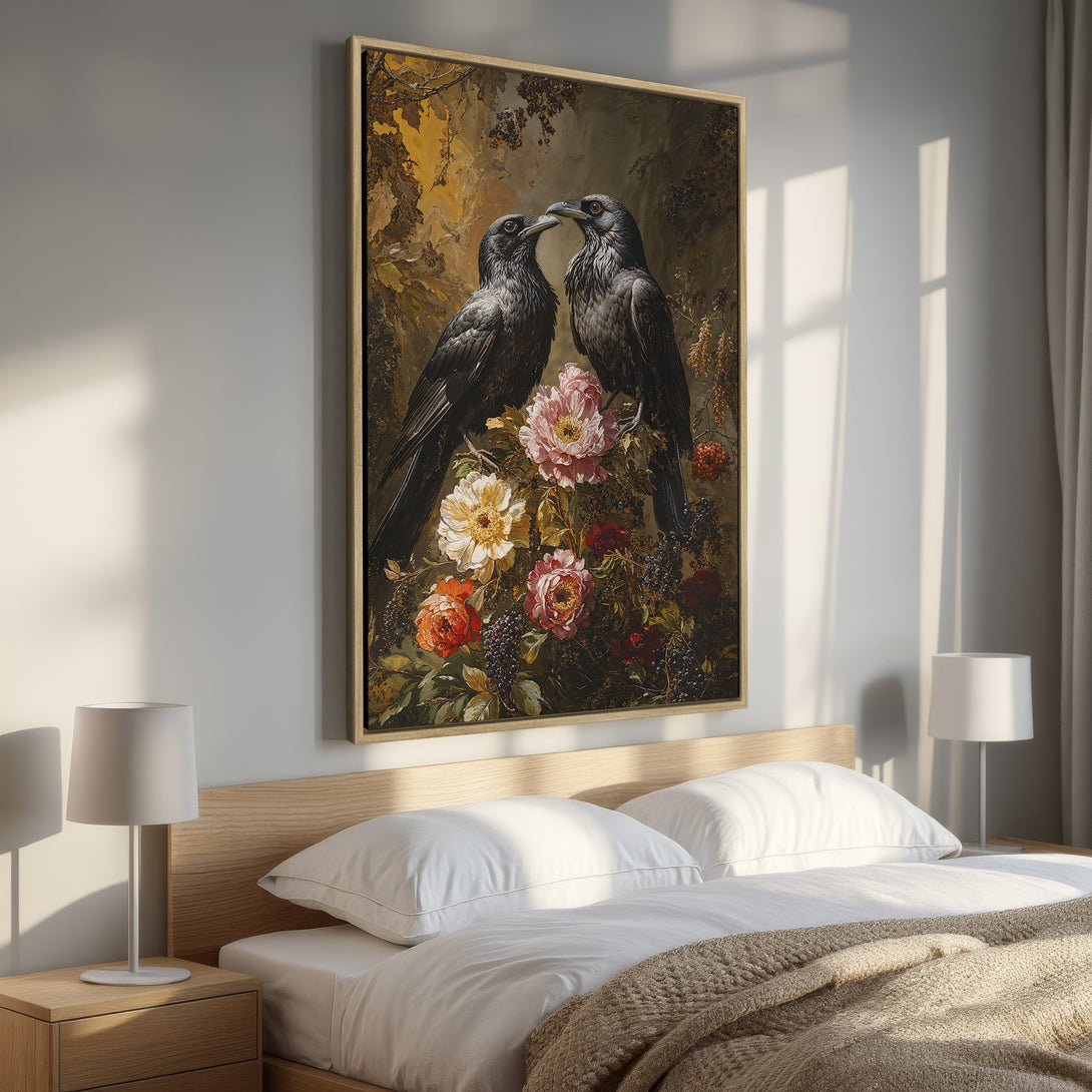 Framed Wall Art featuring two crows and flowers in a vintage style. Warm, earthy color palette adds elegance to any bedroom decor.