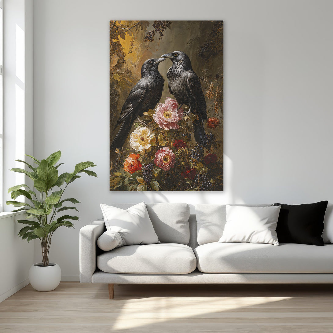 Framed Wall Art: Romantic painting of two crows with flowers, rich colors. Perfect for bedroom decor. Enhance your space with this stunning canvas print!