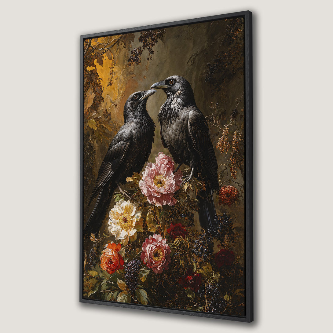 Framed Wall Art featuring two ravens and floral arrangement, in a classic style with a dark, moody color palette. Perfect for adding a touch of elegance.