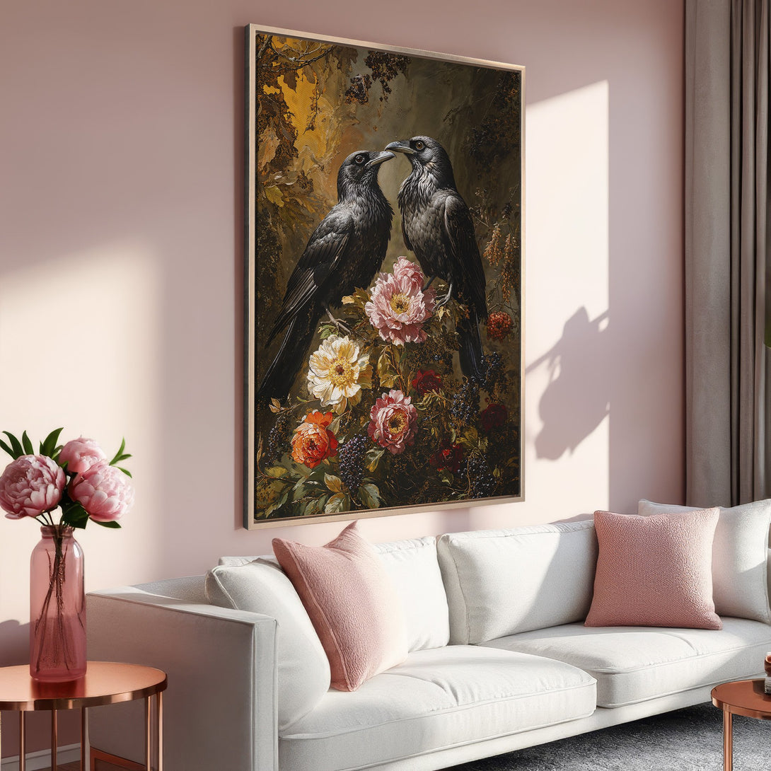 Framed Wall Art featuring two ravens and flowers in a vintage style. Warm, inviting color palette with pinks, greens, and golds. Perfect for any home!