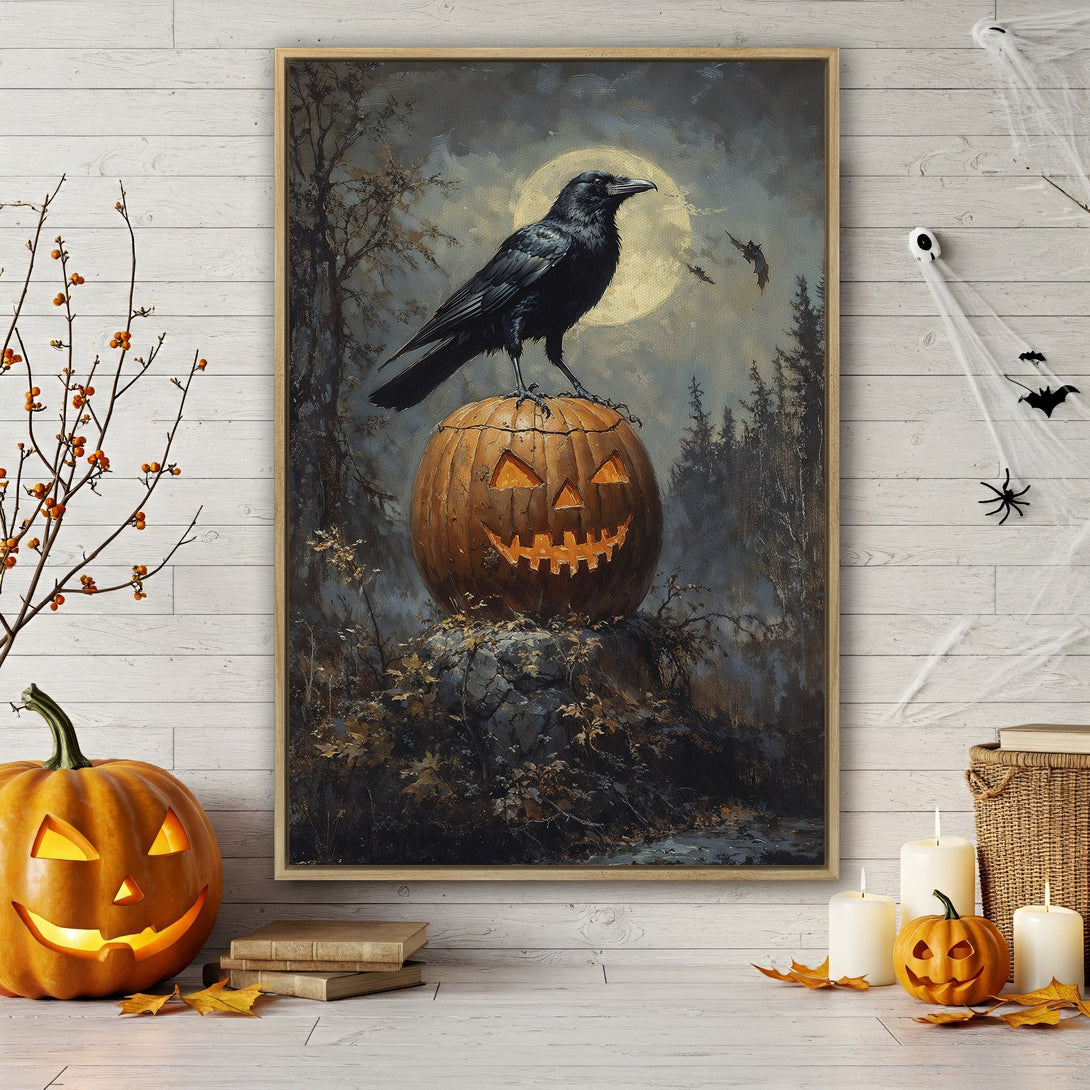 Framed Wall Art featuring a spooky raven perched on a carved pumpkin. Dark, moody painting with a cool, autumnal color palette perfect for Halloween decor.