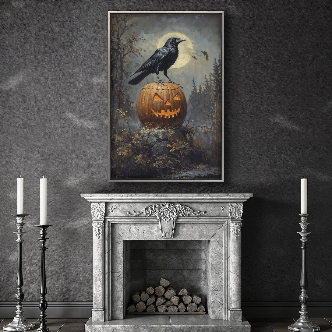 Framed Wall Art: Spooky Halloween scene with a raven on a pumpkin, moody color palette. Perfect for fall decor! Get yours today!