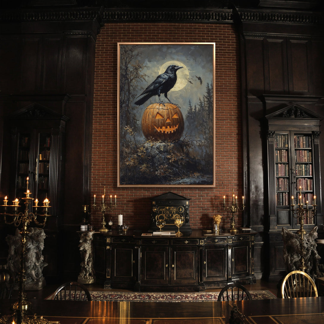 Framed Wall Art: Spooky Halloween scene with a raven on a pumpkin, dark moody colors. Perfect for adding a touch of gothic style to your home.