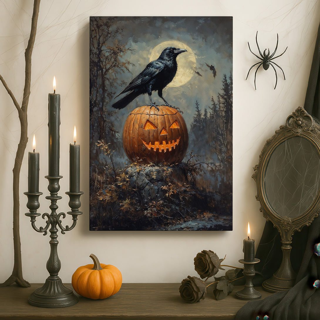 Framed Wall Art: Spooky Halloween scene with a raven on a jack-o'-lantern, dark and moody color palette, perfect for a gothic interior.