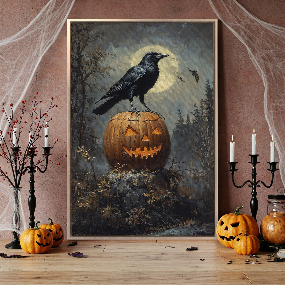 Framed Wall Art: Spooky Halloween raven perched on a jack-o'-lantern. Dark, moody color palette with a vintage, painterly style. Perfect for Halloween decor!