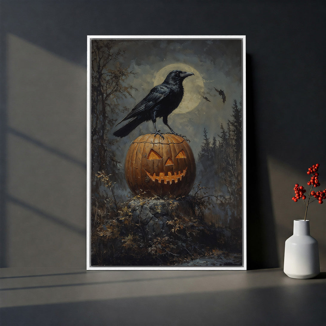 Framed Wall Art: Spooky Halloween scene with a raven on a carved pumpkin, dark color palette with moonlit background. Perfect for seasonal decor.