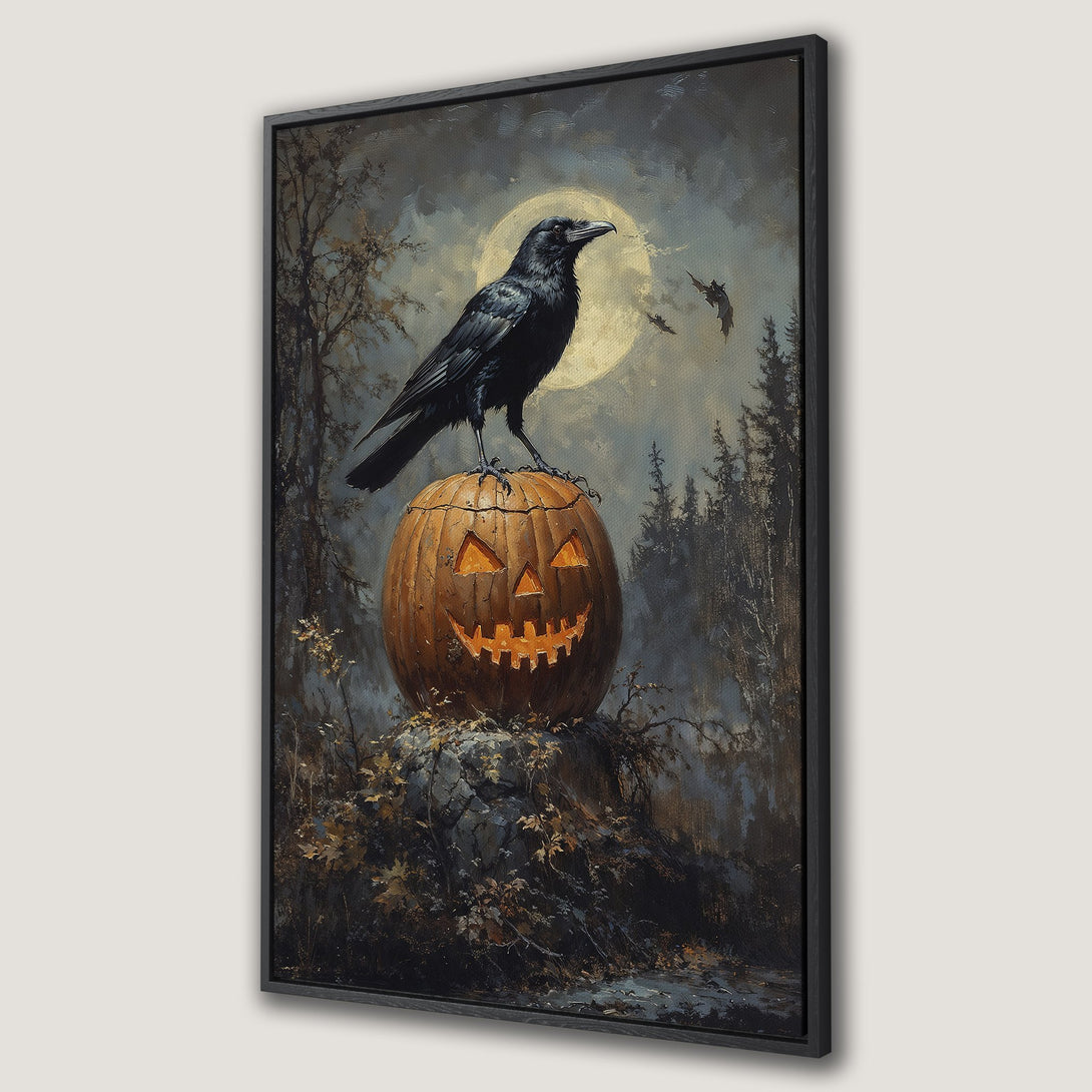 Framed Wall Art: Spooky Halloween scene with raven on pumpkin, full moon, and dark forest. Moody, painterly style in a palette of blacks, oranges, and blues.