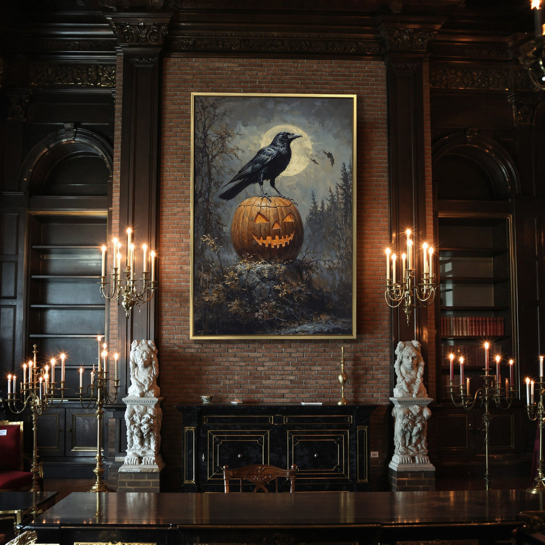 Canvas Print: Spooky Halloween art featuring a crow on a pumpkin, dark, moody color palette. Perfect fall decor!