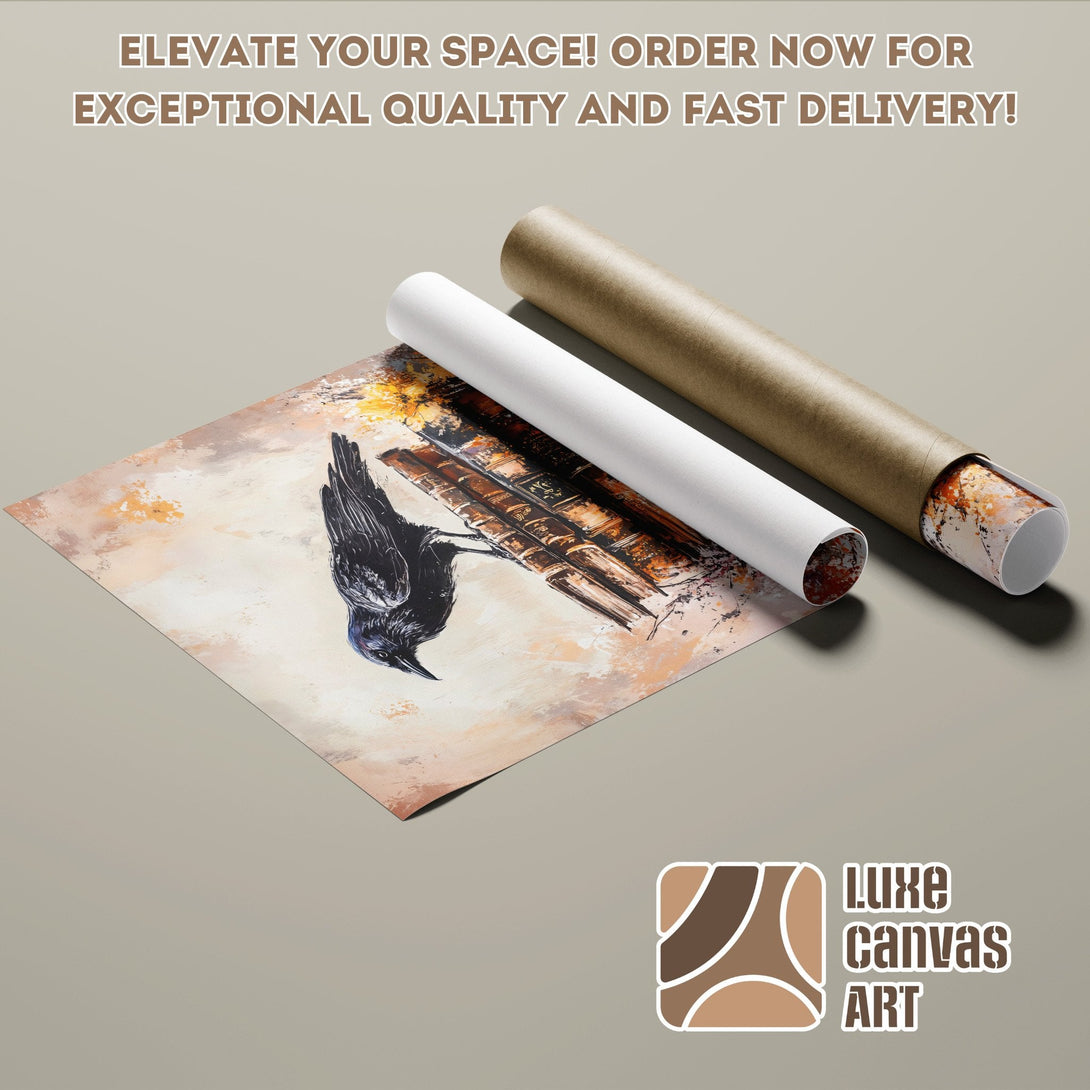 Poster Roll featuring a crow art print in a warm, earthy color palette. Elevate your space today!