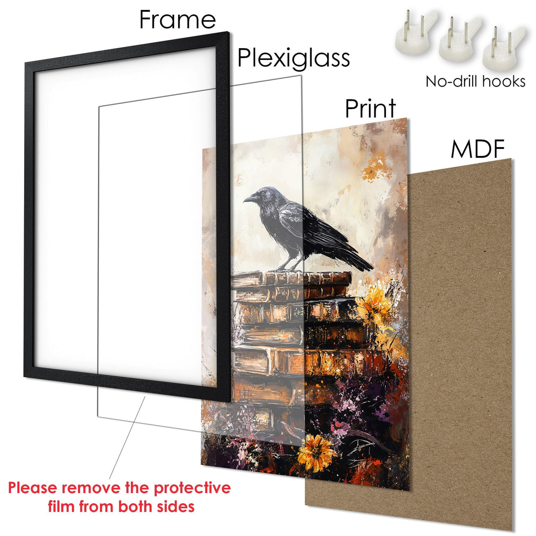 Framed Poster: Crow on books, abstract art style, warm color palette. Add unique art to your space!