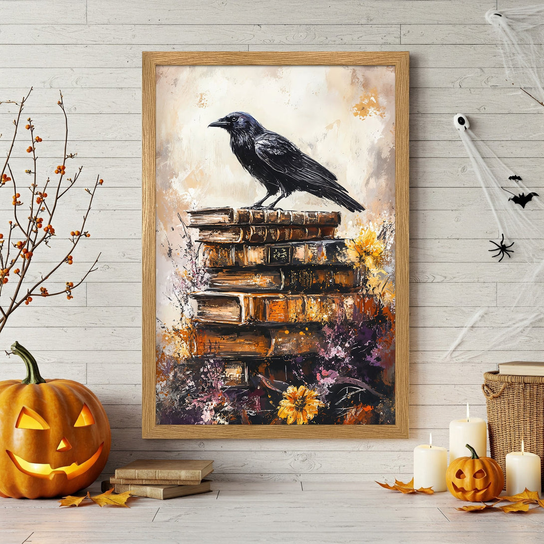 Framed Poster of a raven on books, a spooky Halloween art print in a warm, autumnal color palette. Perfect for fall decor!