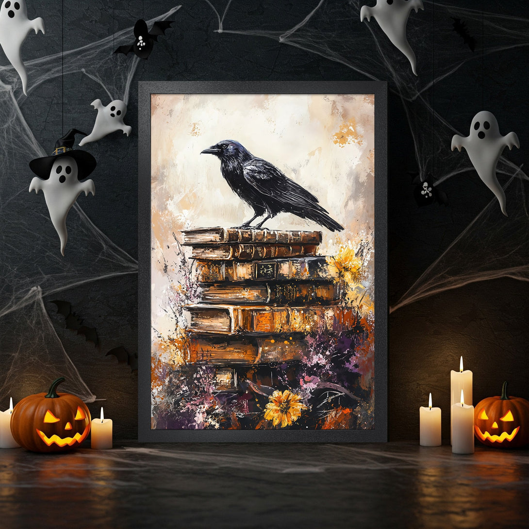 Framed Poster featuring a raven on books, artistic style, with a dark, autumn color palette. Perfect Halloween decor.