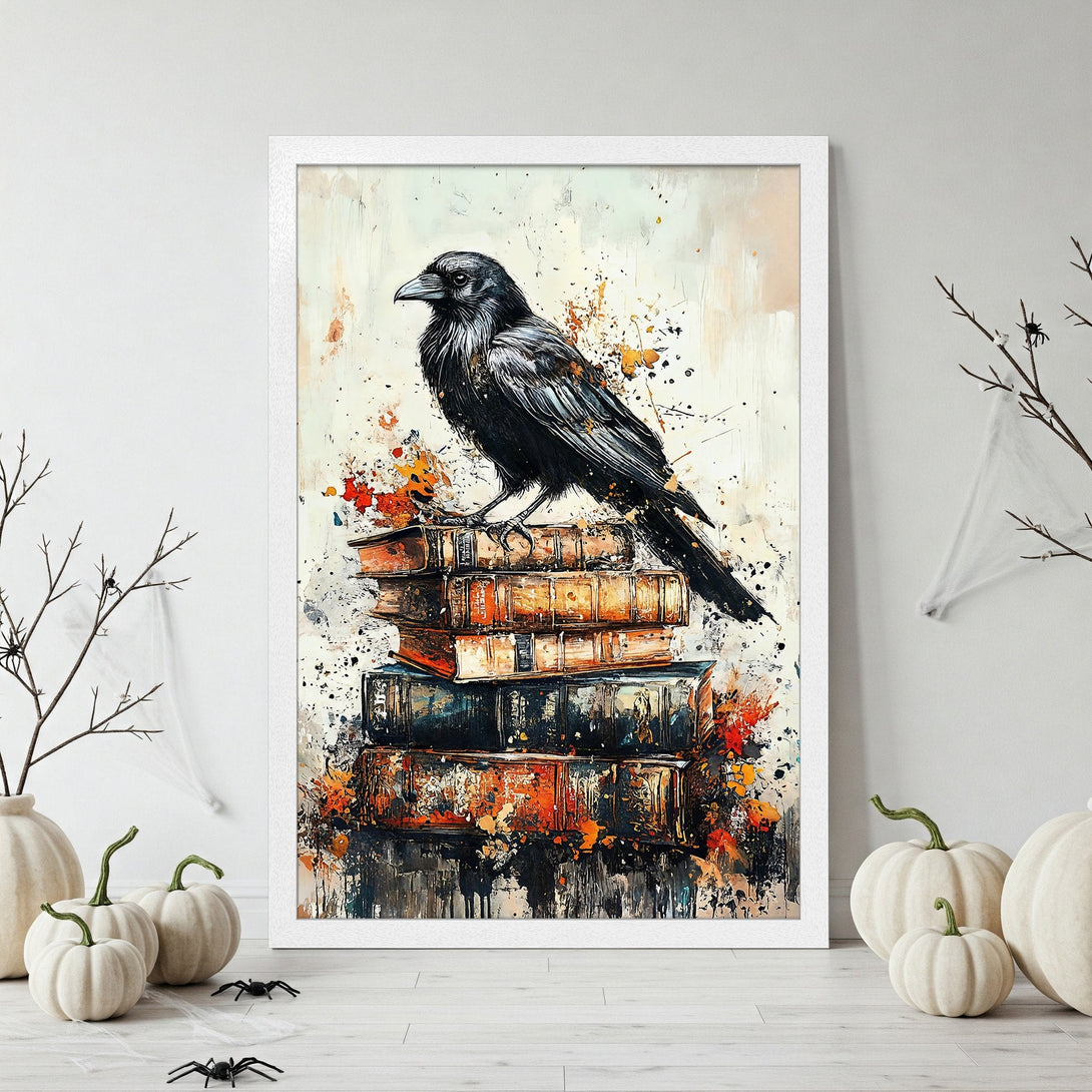 Framed Poster featuring a raven on books, abstract style. Autumnal color palette with oranges, blacks, and whites. Perfect Halloween decor!