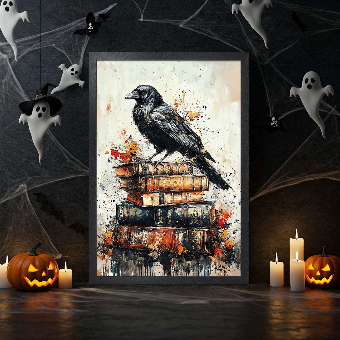 Framed Poster featuring a raven on books, abstract style, with a Halloween color palette of black, orange, and white. Spooky wall art.