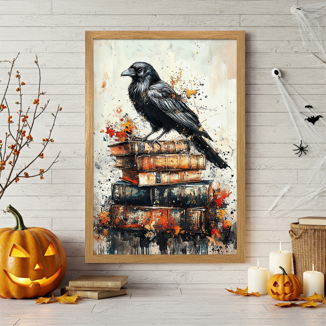 Framed Poster of a crow on books, abstract style, with a Halloween color palette. Perfect spooky decor!