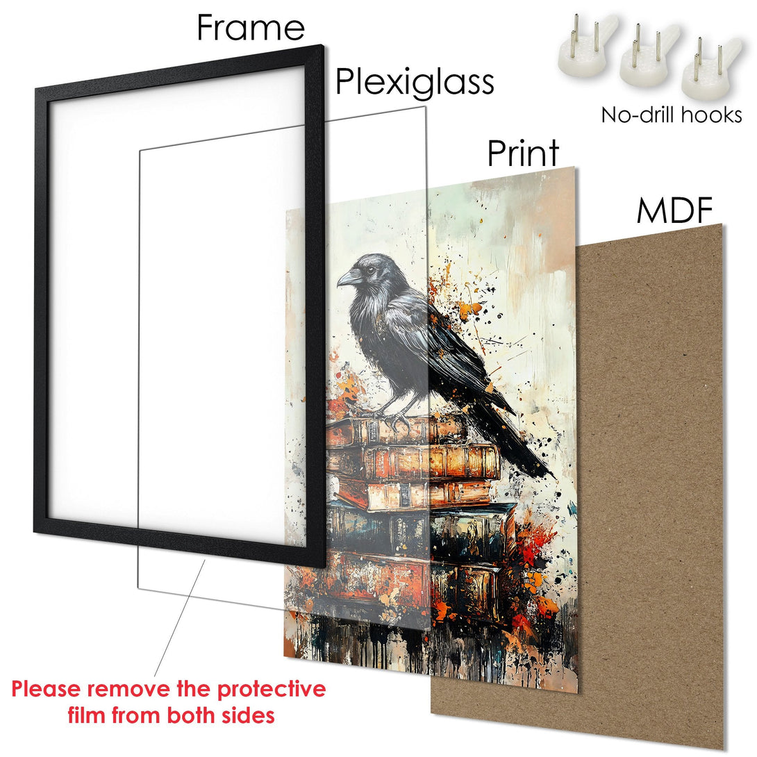 Framed Poster featuring a raven on books, abstract style, warm color palette. Perfect wall art for your home!
