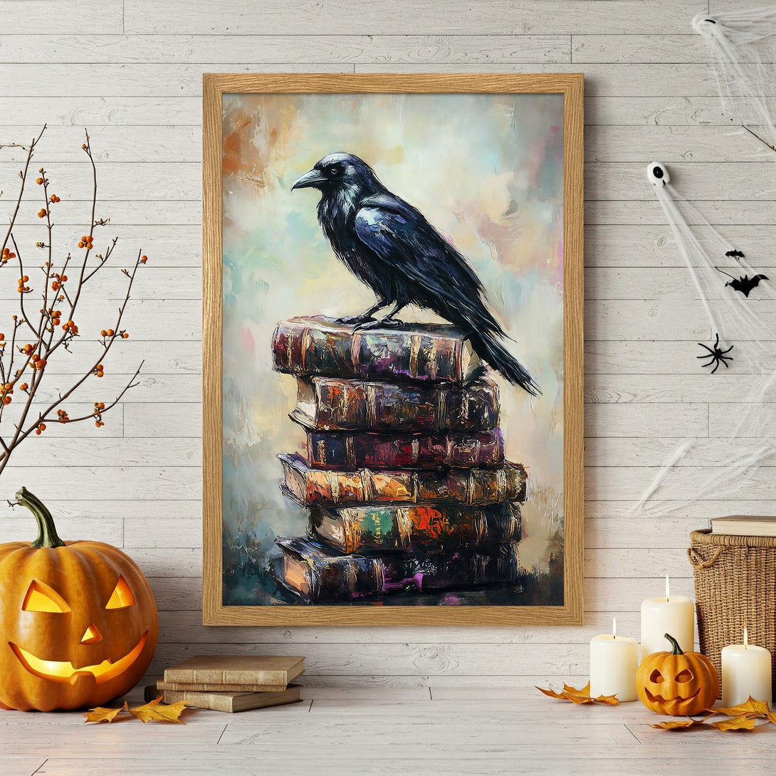 Framed Poster featuring a black crow on books, in an expressive, painterly style. Earthy tones with a touch of Halloween spirit.