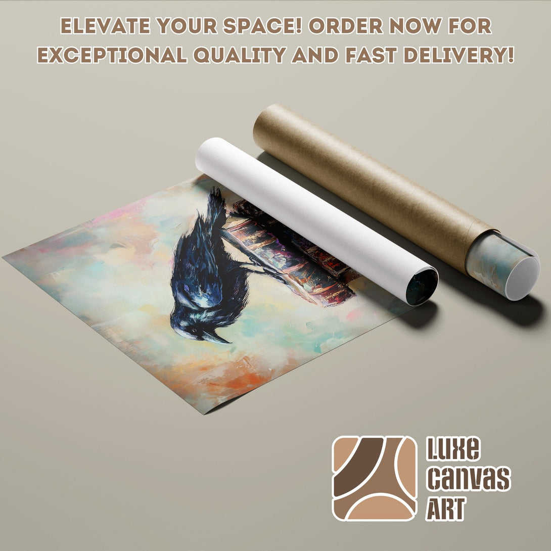 Poster Roll featuring an abstract crow painting in a pastel color palette. Elevate your space with Luxe Canvas Art!