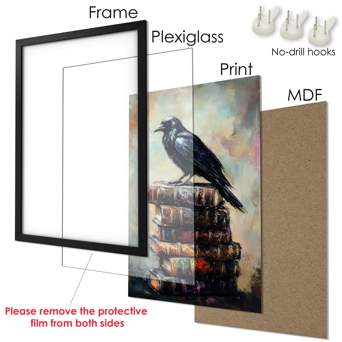 Framed Poster featuring a raven on books, in an expressive style with a dark, moody color palette. Perfect wall art.