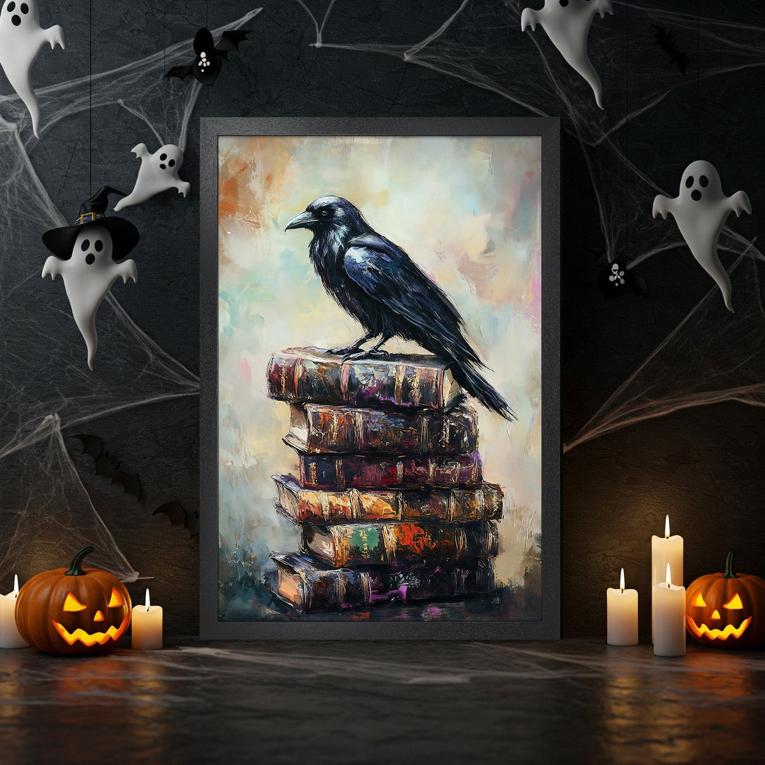 Framed Poster featuring a raven on books, in a spooky Halloween scene. Oil painting style with a dark, moody color palette.