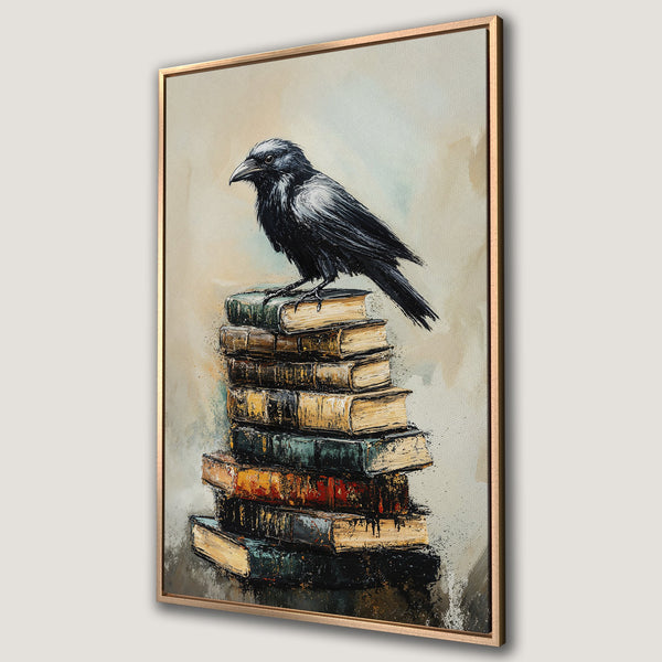 Framed Wall Art: Moody raven perched on books. Dark, textured painting with neutral & earthy tones. Perfect for adding a touch of mystery to your home decor.