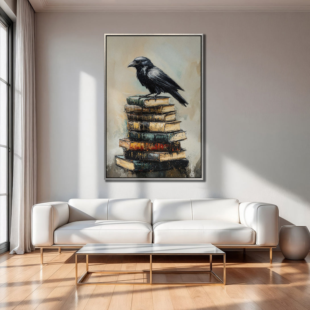 Framed Wall Art: Crow perched on books, modern painting with a neutral color palette. Perfect for living room decor.