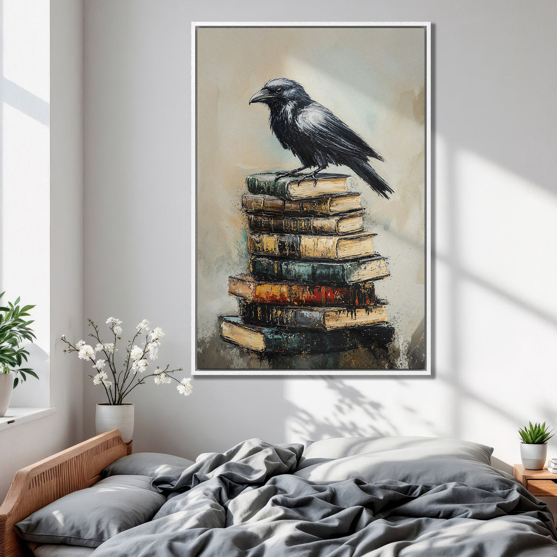 Framed Wall Art: Majestic raven perched on books, a captivating painting in neutral tones. Perfect for adding a touch of elegance to your bedroom decor.
