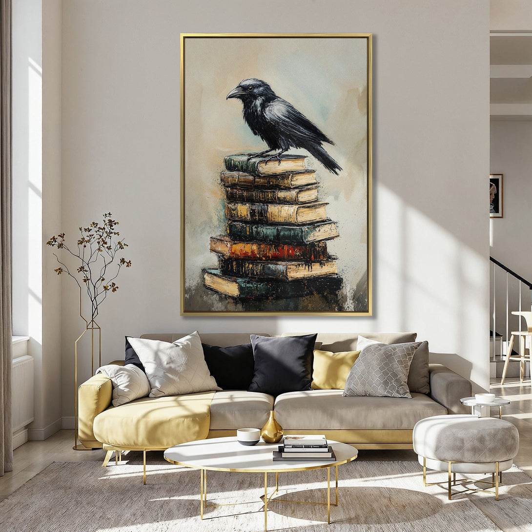 Canvas Print of a crow on books, in a painterly style with a muted, warm color palette. Perfect for adding a touch of art to your space.