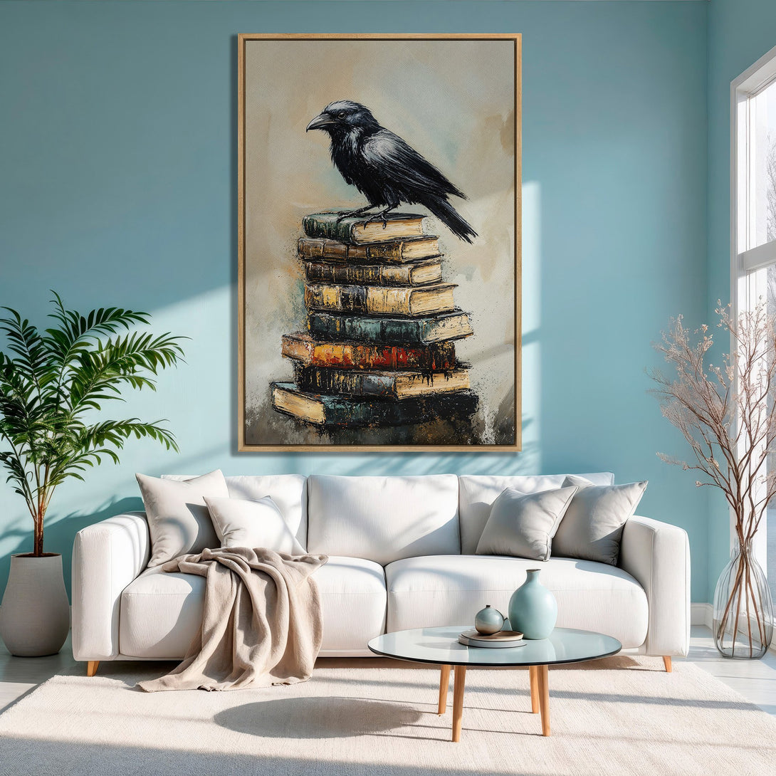 Framed Wall Art: Black crow perched on books, painted in a watercolor style with a neutral and muted color palette. Perfect for modern home decor.