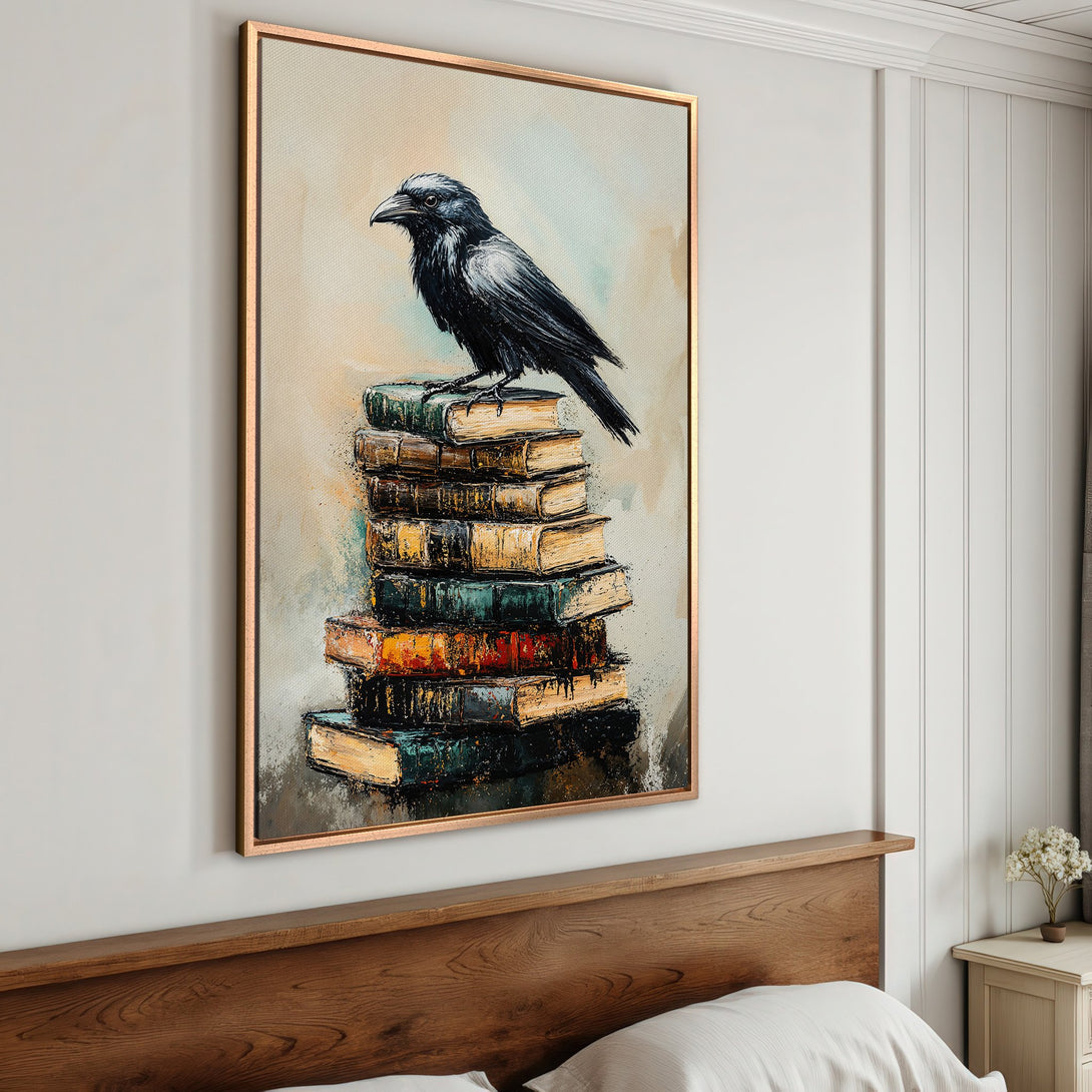 Framed Wall Art: Black raven perched on books, oil painting style. Earthy tones with pops of color. Perfect for adding a touch of sophistication.