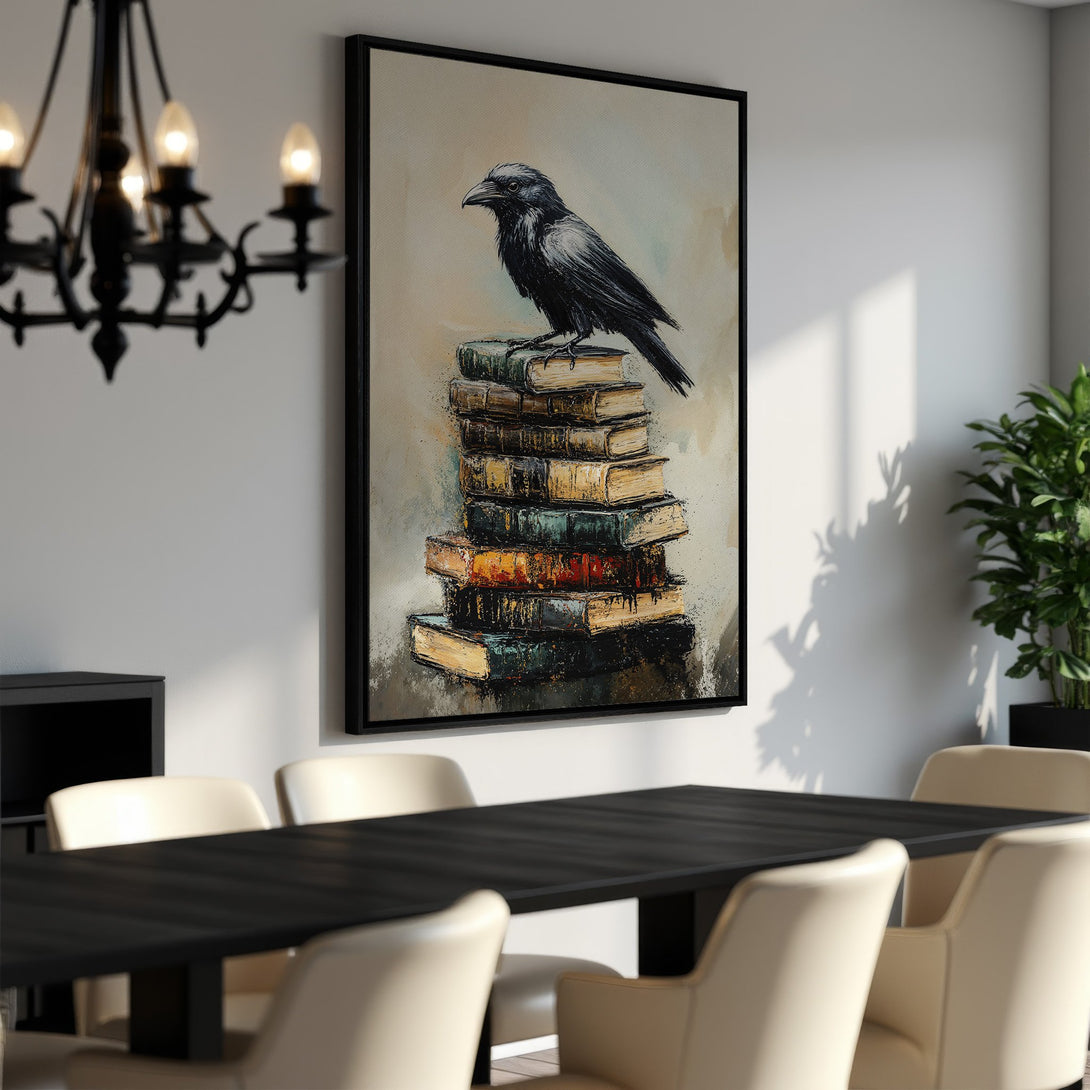 Framed Wall Art featuring a dark raven perched on books. Moody, artistic style with neutral, earthy tones. Perfect for adding character to your space.