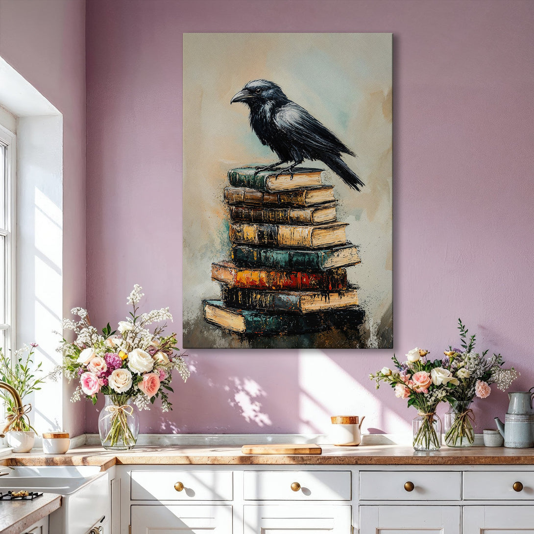 Framed Wall Art: Majestic raven perched on books. Modern, moody art in neutral tones with a touch of gold. Elevate your space with this captivating Canvas Print!