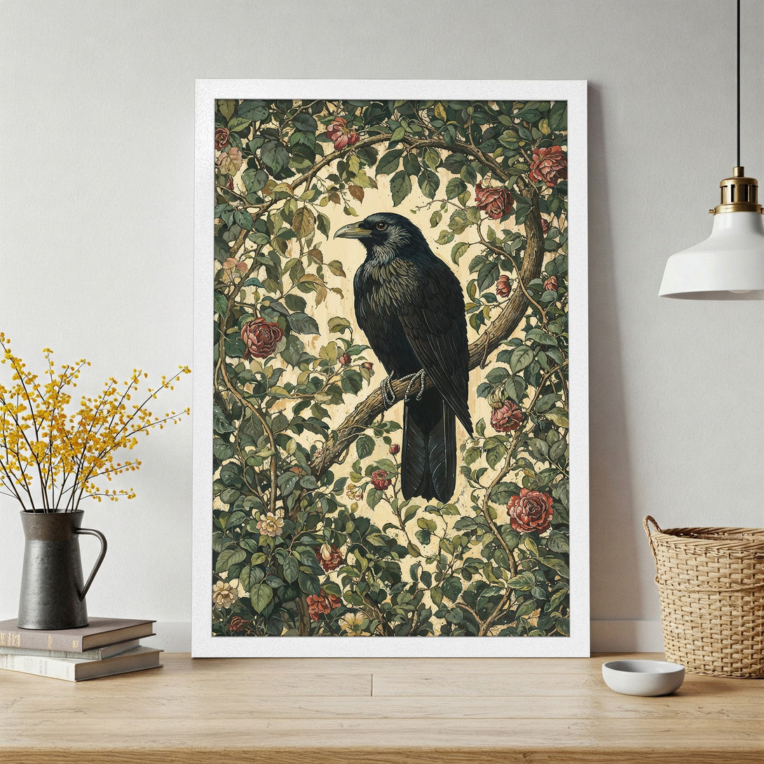 Framed Poster featuring a raven in a floral design. Vintage style with a green, red, and cream color palette. Perfect wall art!