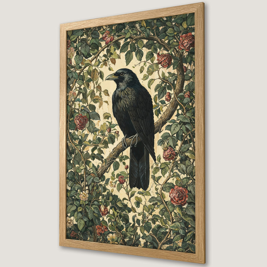 Framed Poster featuring a raven perched on a branch, surrounded by roses and foliage. Vintage style, earth-toned color palette.