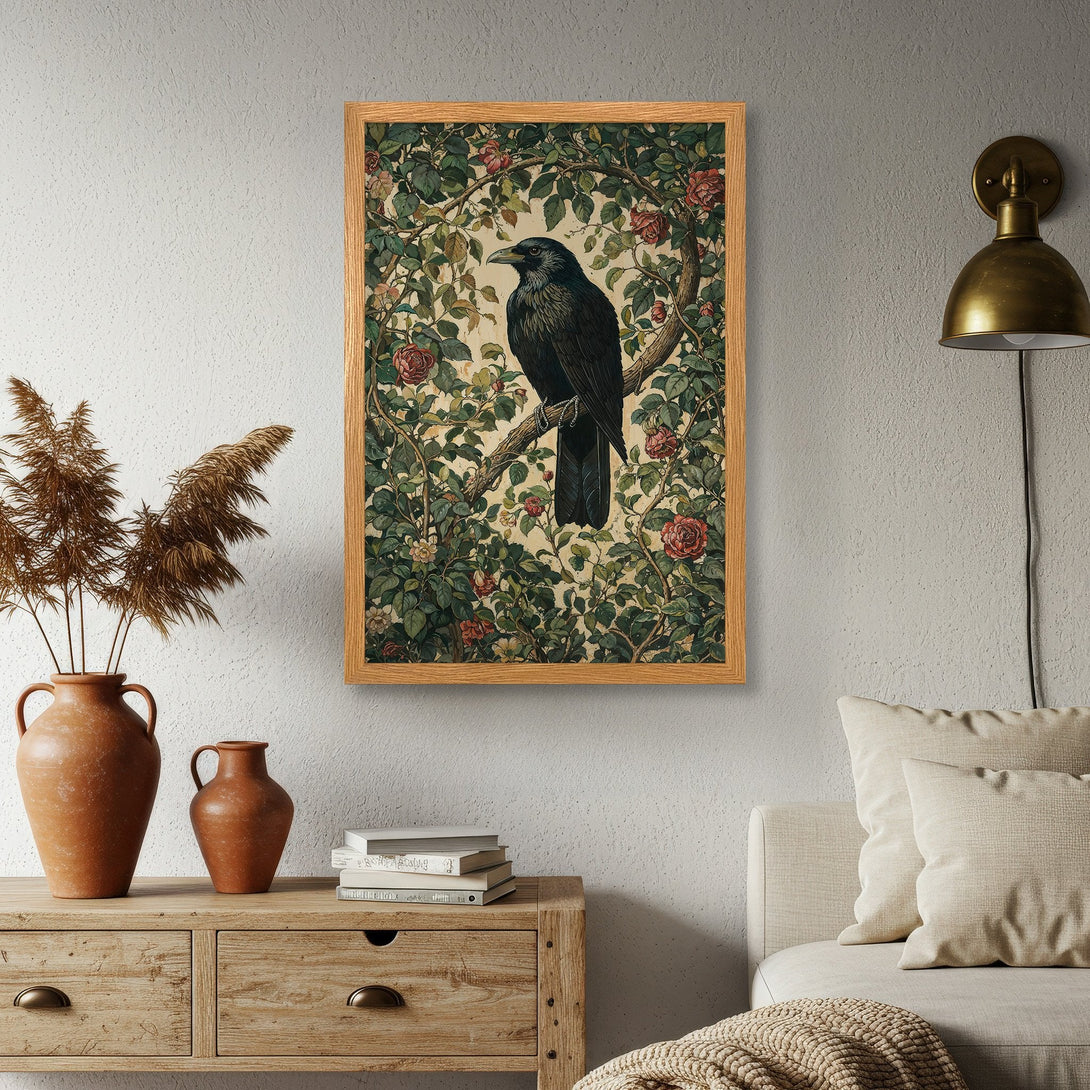 Framed Poster featuring a raven in a floral design. Vintage style with a green, red, and beige color palette. Add a touch of elegance to your home!