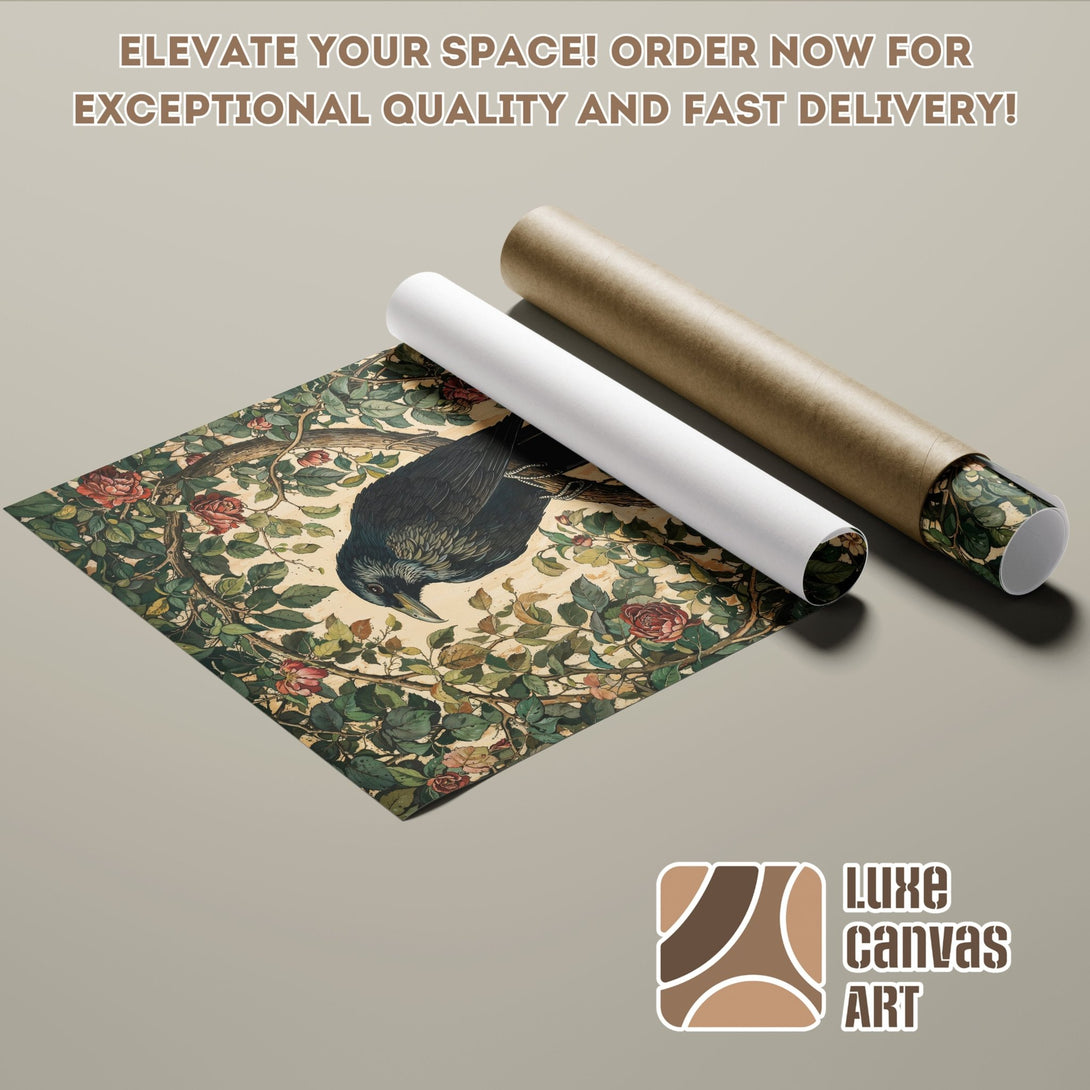 Poster Roll featuring a crow and floral design in a vintage style, with a warm, earthy color palette. Elevate your space!