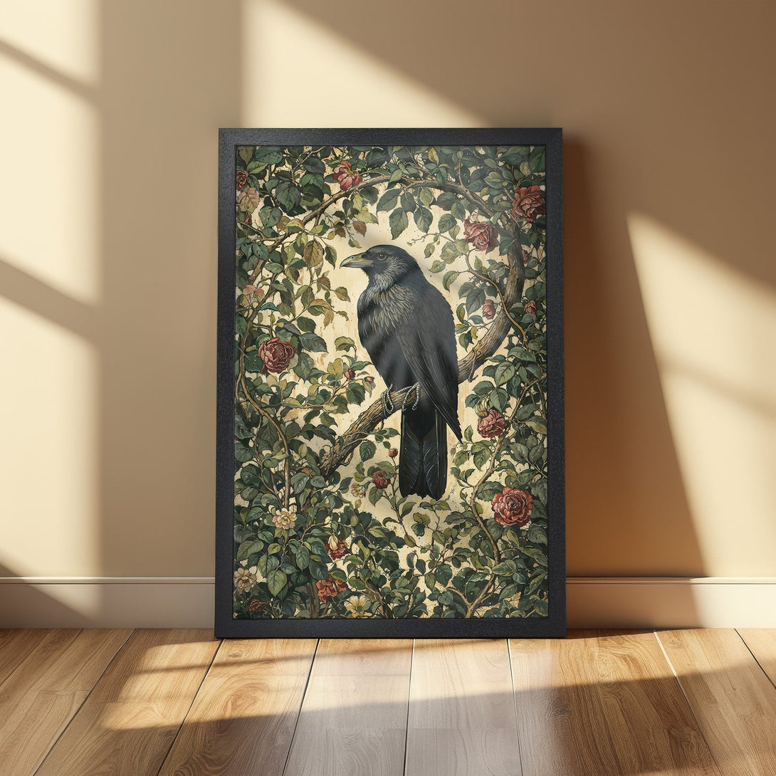 Framed Poster featuring a raven perched on a branch surrounded by roses. Vintage style art with a muted green, red, and beige palette.