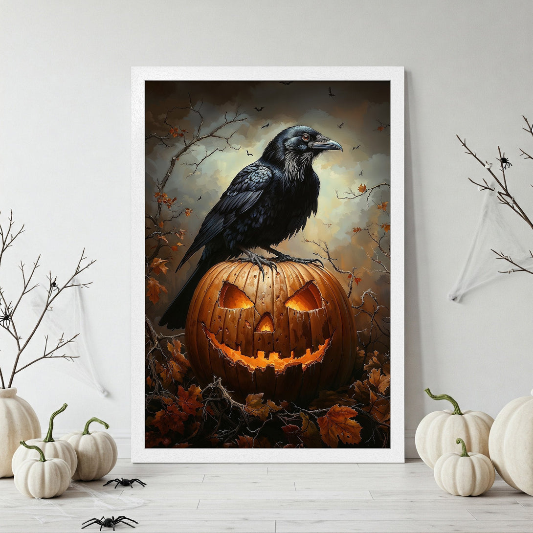 Framed Poster featuring a raven on a jack-o'-lantern. Spooky Halloween art in a warm, autumnal color palette. Perfect for your home decor!