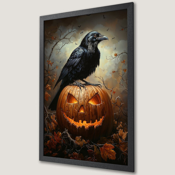Framed Poster: Raven perched on Jack-o'-lantern art print. Dark, moody style with orange, brown, and black color palette. Perfect Halloween decor.