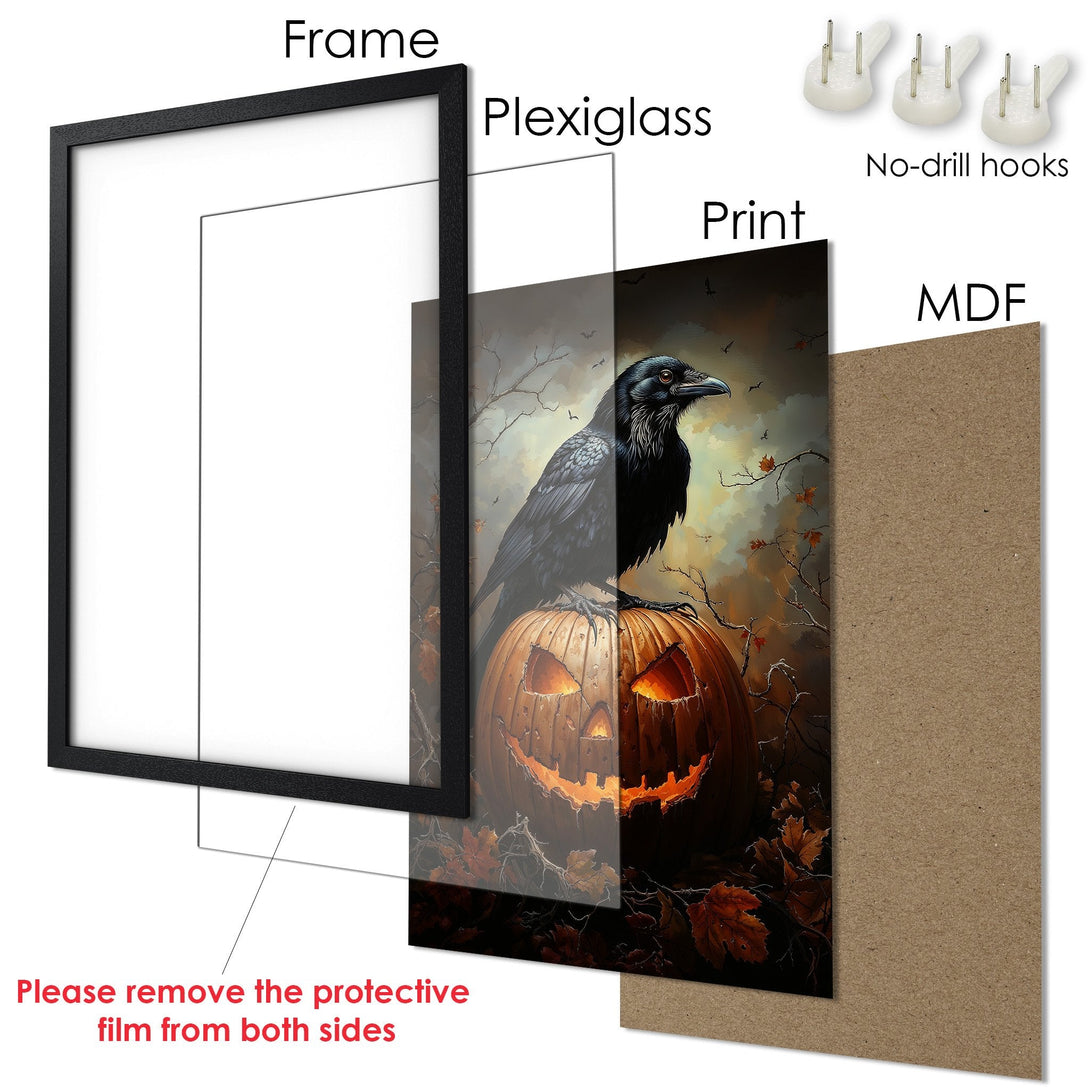 Framed Poster: Spooky raven on pumpkin art print. Dark, moody style with orange and black color palette. Perfect Halloween decor.