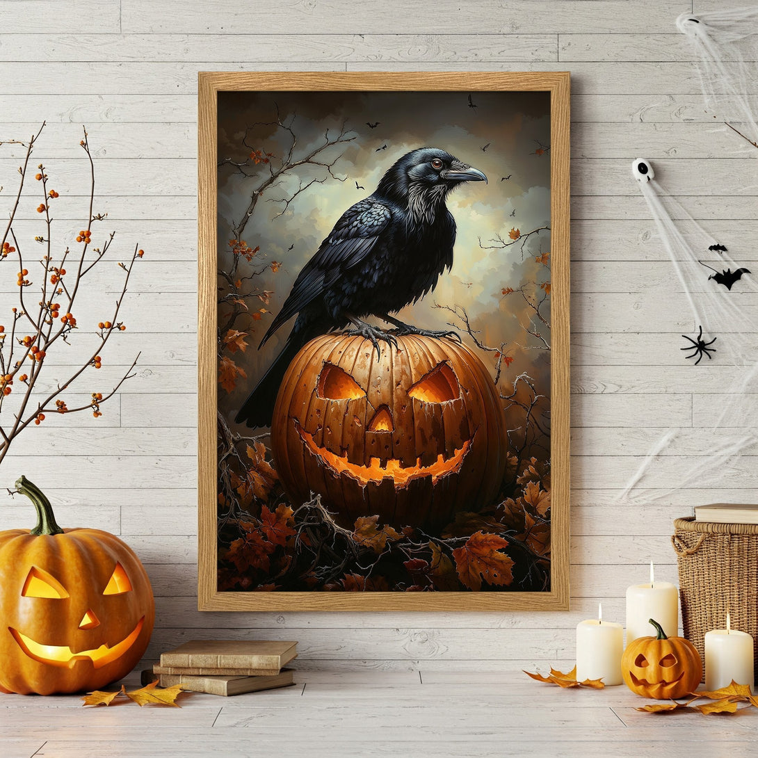 Framed Poster featuring a raven on a jack-o'-lantern. Dark, moody style with orange, brown, and black color palette. Perfect Halloween decor!