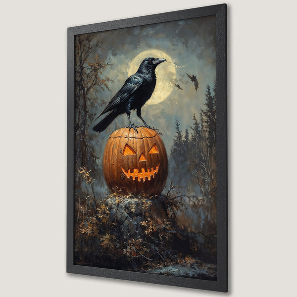 Framed Poster: Spooky Halloween art featuring a raven on a pumpkin, with a moonlit forest backdrop. Dark, moody color palette. Perfect for fall decor!