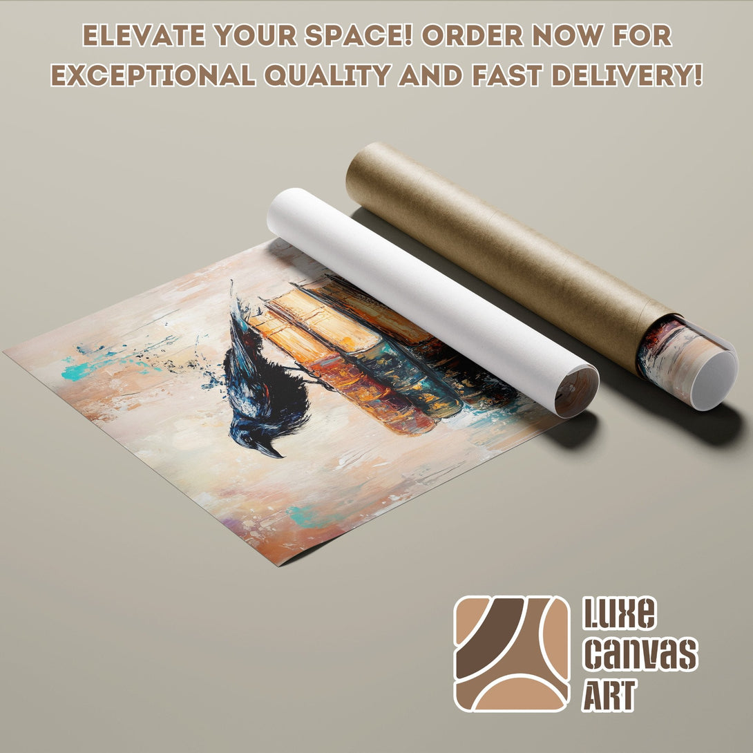 Abstract art poster roll, featuring a raven and books, in a warm color palette. Elevate your space with this stunning poster!