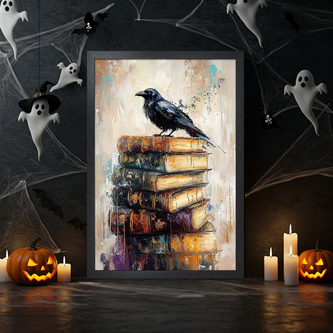 Framed Poster featuring a raven on books, oil painting style, warm and cool color palette, perfect for Halloween decor.