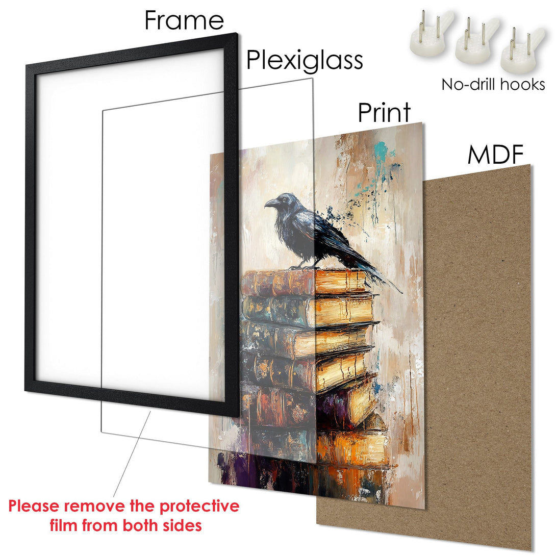 Framed Poster featuring a crow on books, in an expressive, painterly style with warm, earthy tones. Ready to hang!