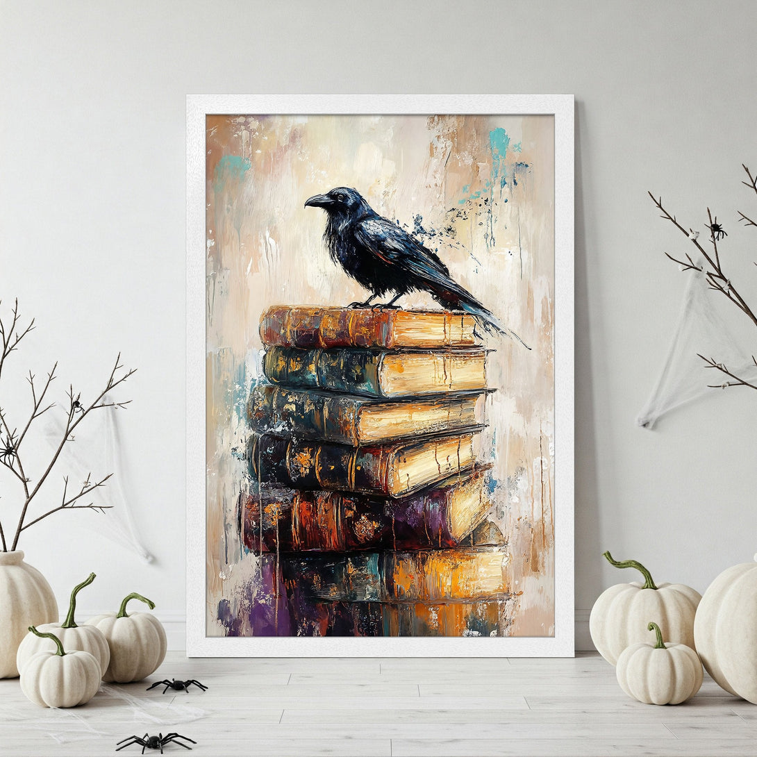 Framed Poster: Black crow on books, abstract art style, warm neutral & dark color palette. Perfect Halloween decor!