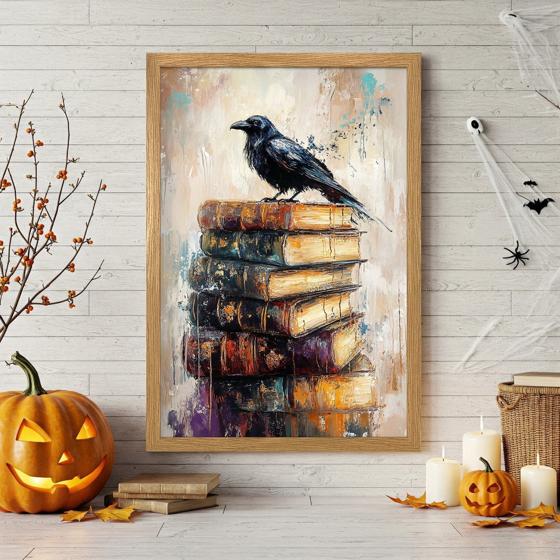 Framed Poster of a black raven on books, impressionist style with warm, autumnal tones. Perfect Halloween decor!
