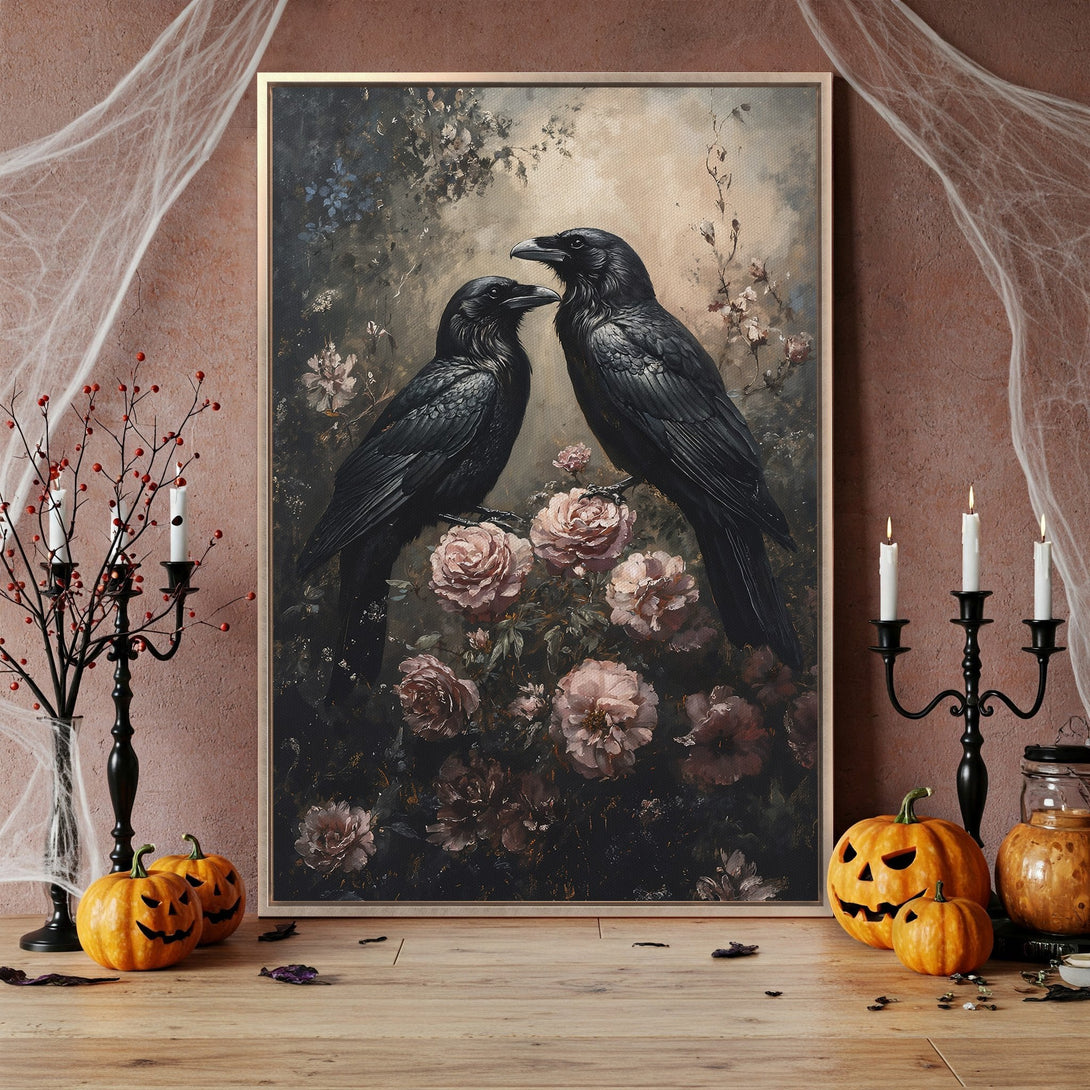 Framed Wall Art featuring two black ravens with roses. Dark, moody aesthetic with a vintage style and a muted color palette. Perfect for Halloween decor.